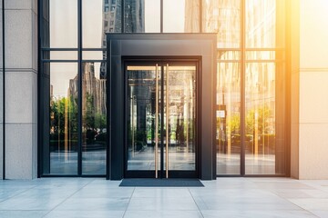 In front of the modern office entrance lies an empty pavement