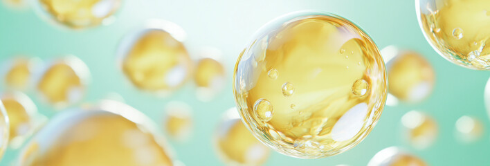 Golden Oil Bubbles in Liquid, Skincare and Beauty Concept. Header Image, Header Photo materials.