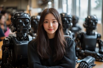 Young woman poses confidently among humanoid robots in technology workshop