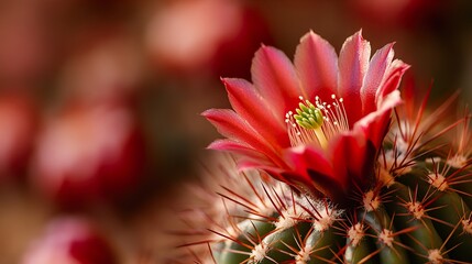 Red Cactus with a Delicate Bloom in Focus