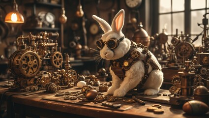 Mechanical and Inventive Scene of workshop with Steampunk Easter Egg and bunny rabibit wears goggles and a tool belt