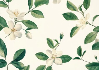 Seamless pattern of white flowers and green leaves on a beige background.