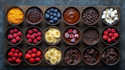 Dessert toppings arranged on wooden tray