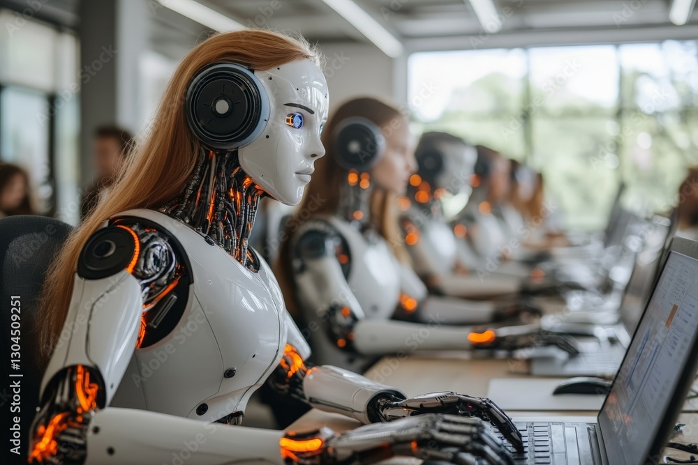 Aufkleber Advanced robots engaged in computer programming at a modern office during a tech demonstration
