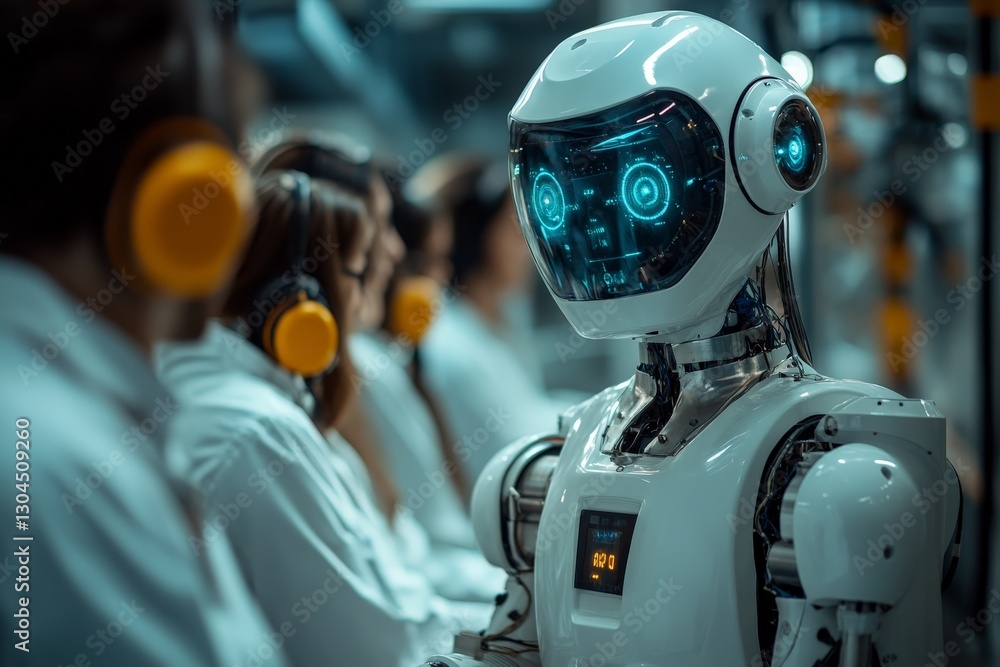 Poster advanced robot interacts with humans in a high-tech facility during working hours