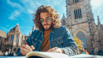 Concept: Scholarly pursuits: Young man writing in notebook with monumental building as backdrop, capturing the essence of academic life.