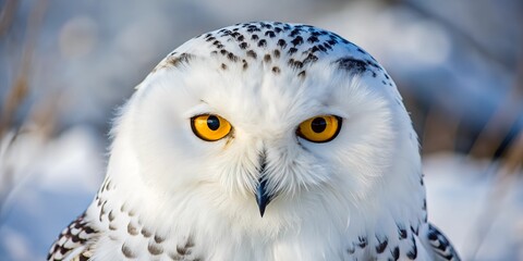 Obraz premium Hyper detailed depiction of a snowy owl showcasing its fluffy white feathers and striking orange eyes in a winter setting wallpaper, background, ai texture macro