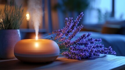 Diffuser with lavender and candles, bedroom ambiance