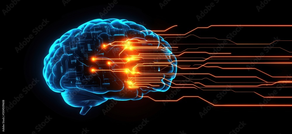 Poster digital brain with glowing circuits representing artificial intelligence and technology