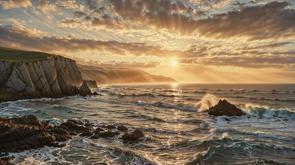 A beautiful coastal scene with gentle waves crashing against rugged cliffs, a golden sunset illuminating the horizon, an excellent scene for nature lovers