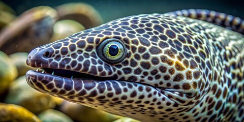 Fototapeta premium Hyper realistic portrayal of a slimy patterned eel in a natural aquatic habitat wallpaper, background, ai texture macro