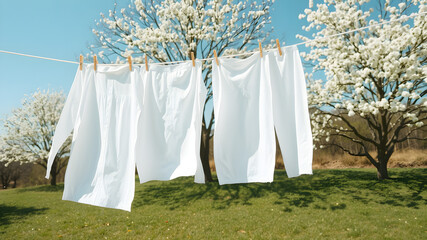 Freshly washed white linens hang on a clothesline, swaying in the spring breeze. The clear blue sky, green grass, and blossoming trees create a peaceful, refreshing atmosphere