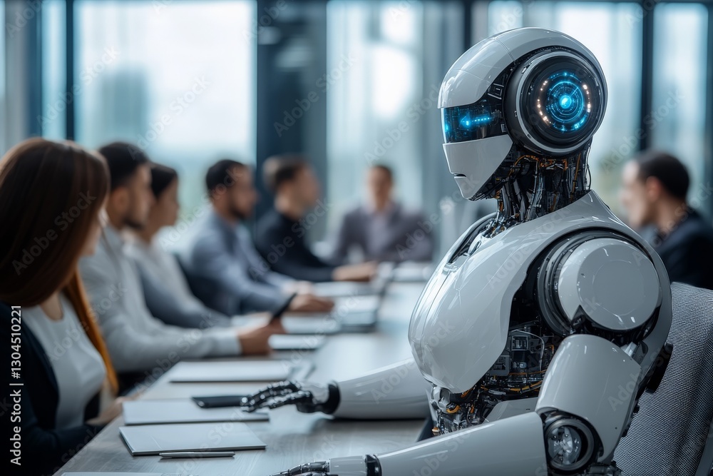 Poster robot participates in a business meeting with team members in a modern office setting
