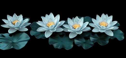 Beautiful arrangement of blue water lilies with green leaves on black background