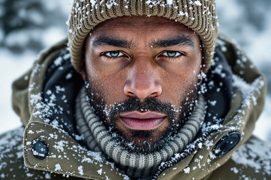 Homme barbu en tenue de montagne, regardant au loin sous la neige, avec un bonnet couvert de flocons.
