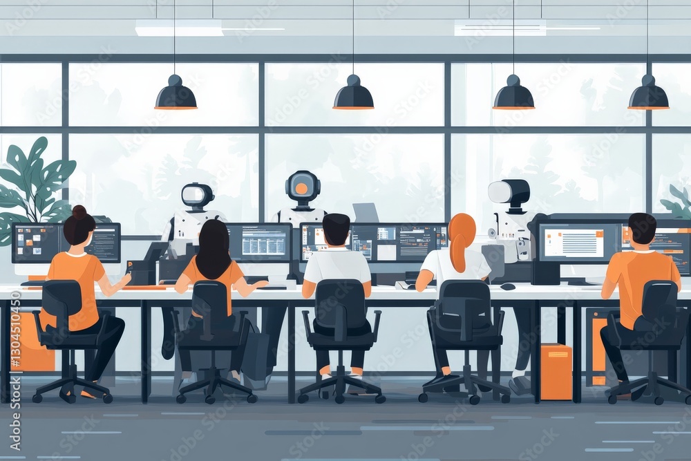 Poster team collaboration in a modern office setting with advanced technology at workstations during daytim
