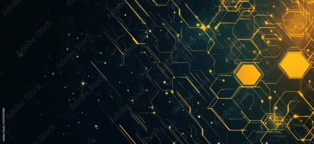 Poster abstract digital background with glowing hexagons and lines in dark space