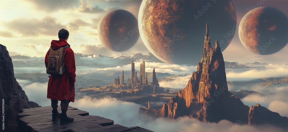 Poster futuristic landscape with towering structures and multiple planets in the sky