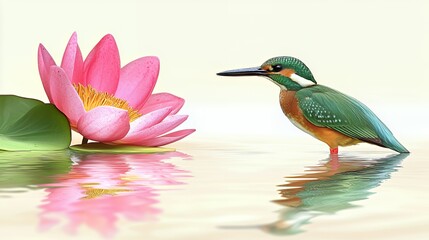 Fototapeta premium Kingfisher and Pink Lotus Flower Reflection in Calm Water