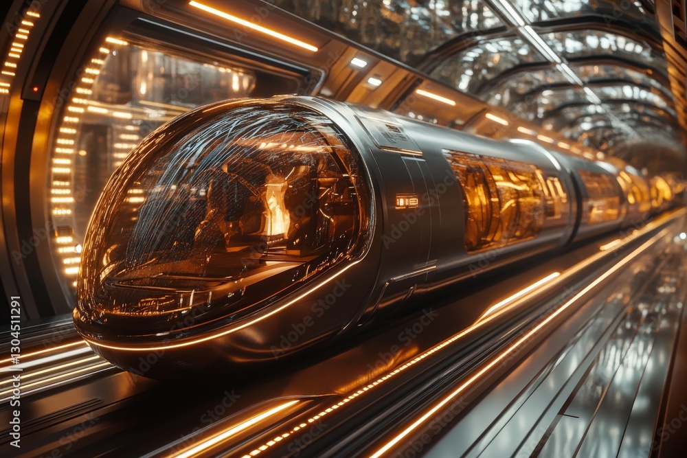 Poster futuristic transport system showcases sleek pod design inside illuminated tunnel