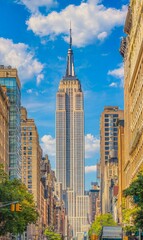 The metropolis of New York city boasts a stunning blue sky day in midtown with its iconic building skyline