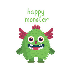 Happy green monster character with red horns, cute and playful design, cartoon fantasy creature, vector illustration.