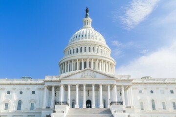 The traditional neoclassical architecture of the Capitol Building's dome, columns, and steps is visible in bright mid-day light in Washington DC, USA