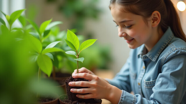 green plant grows gentle care young woman nurturing touch