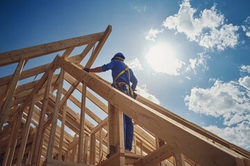 On the construction site, a builder stands on scaffoldings to warm the building facade with foam panels