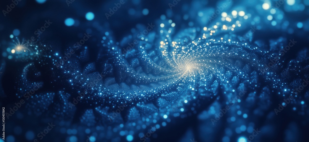 Poster blue swirling fractal pattern with glowing particles and cosmic depth