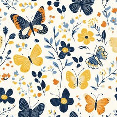 Seamless pattern with yellow and blue butterflies and flowers on white background.