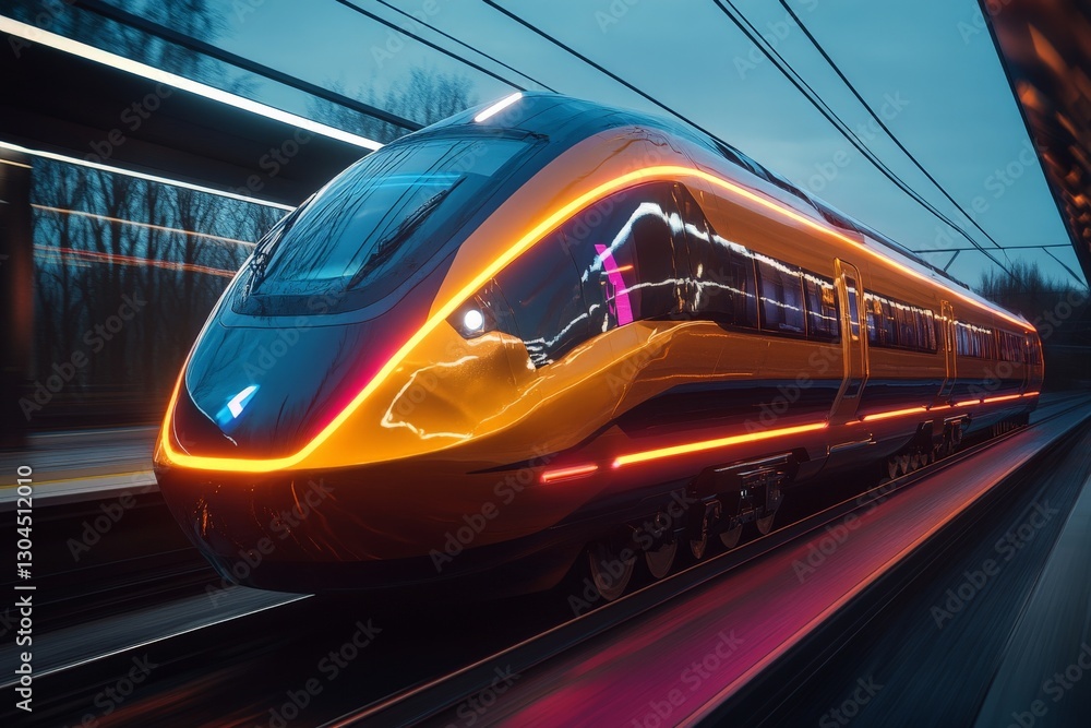 Poster modern train with vibrant lighting at a station in twilight, showcasing advanced engineering and des