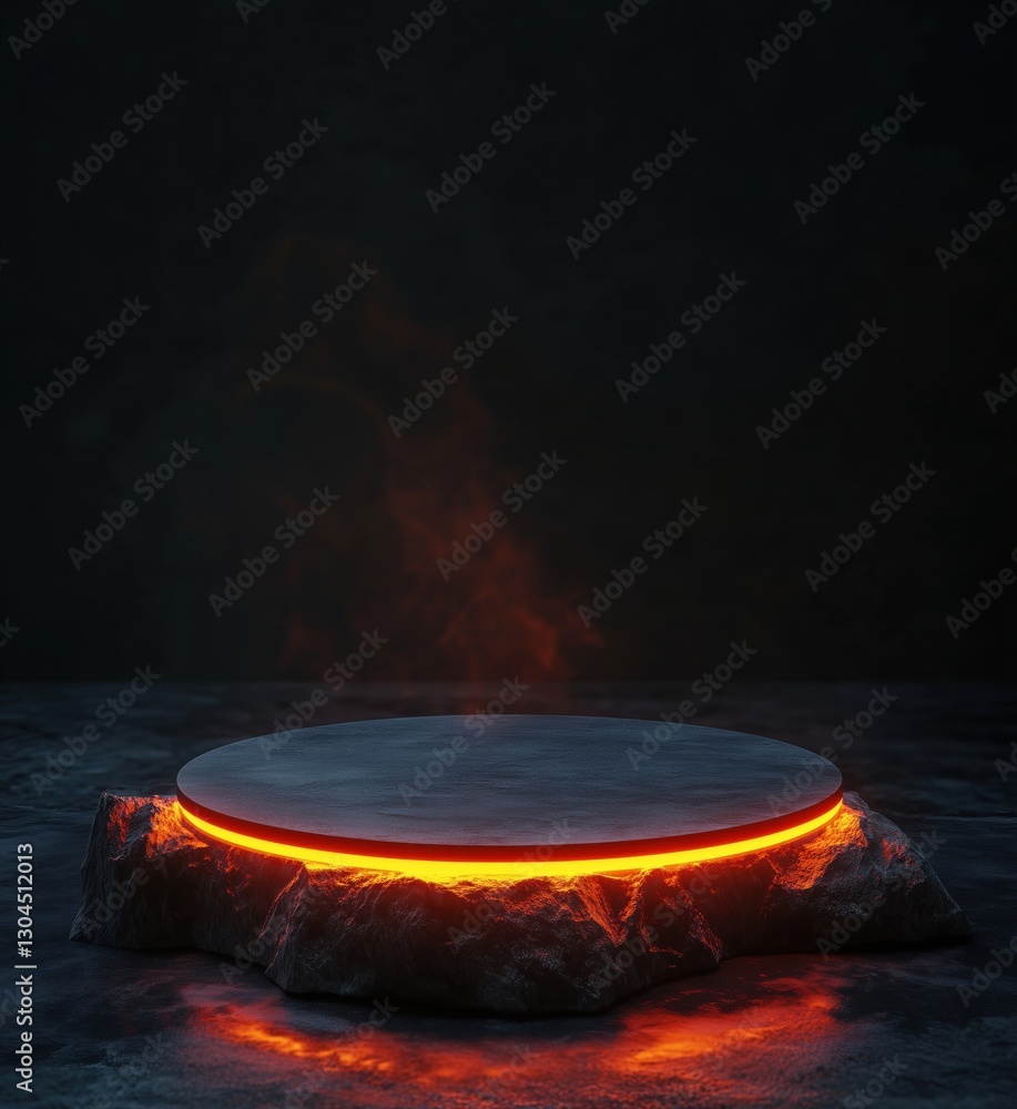 Aufkleber illuminated circular platform on rocky base with glowing edges in dark environment