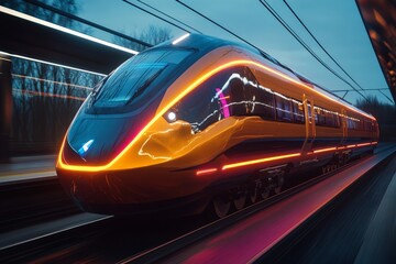 Fototapeta premium Modern train with vibrant lighting at a station in twilight, showcasing advanced engineering and design