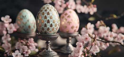 Obraz premium Decorative Easter eggs with floral patterns on silver stands surrounded by cherry blossoms