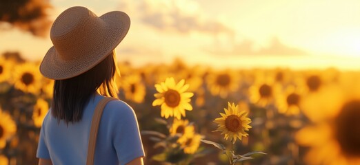 Woman in straw hat enjoying sunset in sunflower field with vibrant blooms