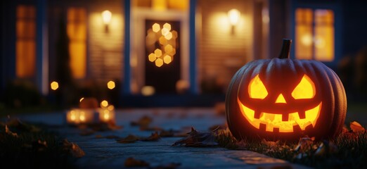 Obraz premium Glowing Halloween pumpkin with spooky face on porch during autumn evening