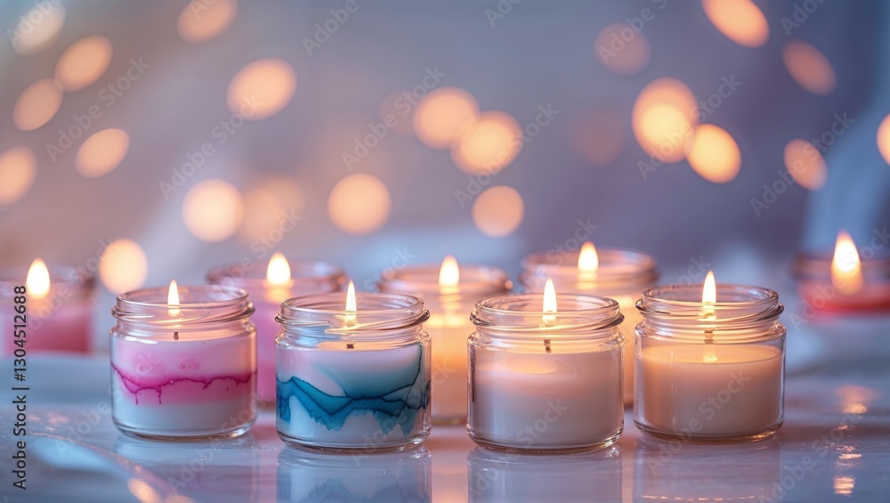 Poster soft candlelight illuminates colorful jars creating a tranquil atmosphere for relaxation and reflect