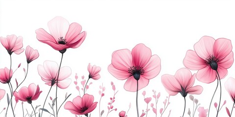 Naklejka premium A stylish design of delicate, pink wildflowers with clean lines and subtle detail on a simple white background. Minimalism. Summer advertising banner.