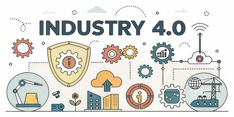 A stylized illustration representing Industry 4.0, featuring gears, icons of factories, data clouds, and security elements, highlighting modern industrial advancements.
