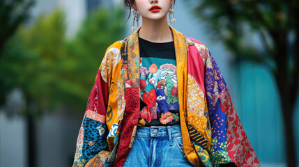 Fototapeta premium Portrait of a stylish young Japanese woman walking in Osaka street