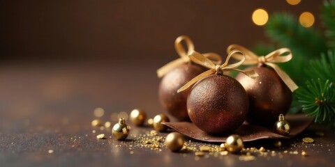 Elegant bronze and gold holiday spheres with festive ribbons, nestled on a dark surface among shimmering accents.