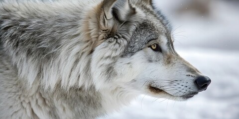 Naklejka premium Close-up view of a wolf in winter with dense gray and white fur showcasing its striking features wallpaper, background, AI, 