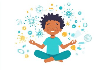 Happy Child Meditating with Colorful Cosmic Elements Around Him