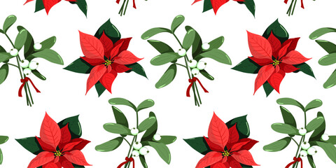 Seamless Christmas and New Year pattern featuring mistletoe with white berries and poinsettia flowers in red and green on a festive white background textile web decorations