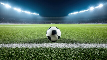 Obraz premium Panoramic View of an Empty Soccer Stadium at Night with Bright Lights