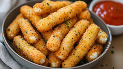 Mozzarella sticks made in an air fryer, offering a healthier alternative with a crispy golden coating and reduced oil, perfect for a guilt-free snack.