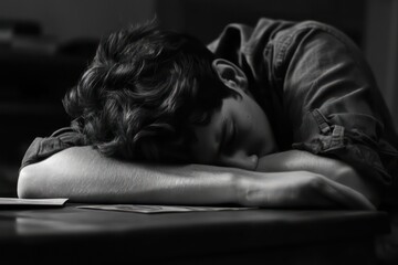A young college student resting their head on their arms on a desk, exhausted.