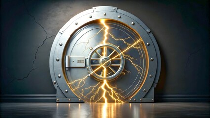 Striking Metallic Vault Door with Lightning Effect and Cracked Wall Background
