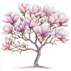 Watercolor Painting of a Pink Magnolia Tree in Full Bloom